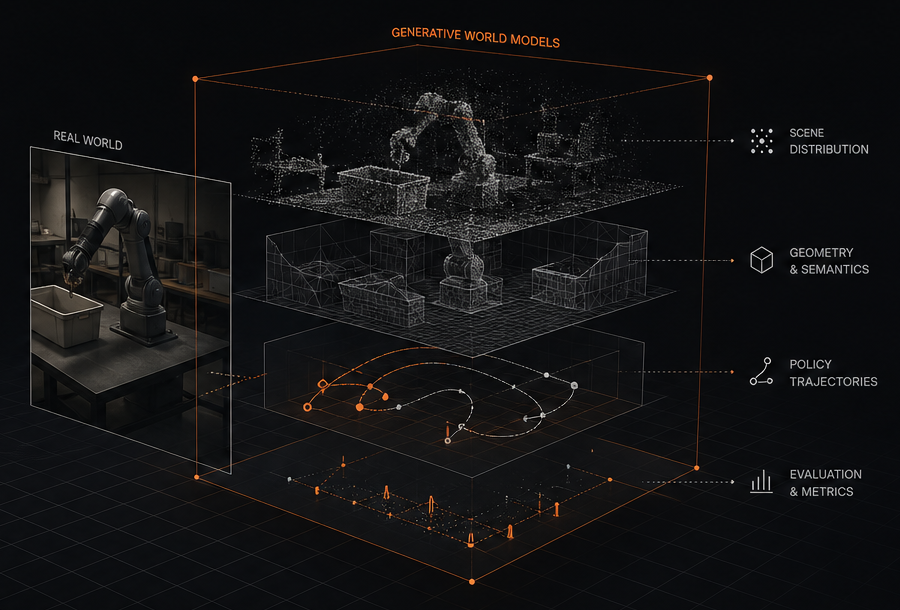 Real robot task transformed into layered generated worlds, scene distribution, geometry, policy trajectories, and evaluation metrics.